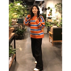 MM150-P68韩版学院风撞色条纹针织秋冬毛茸宽松圆领学生套头毛衣，女装针织衫/毛衣，星座617A-2