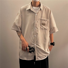 夏季凉感冰丝垂坠感休闲衬衣男痞帅潮宽松条纹短袖衬衫CS074-P30，男装衬衫，星座308B-1