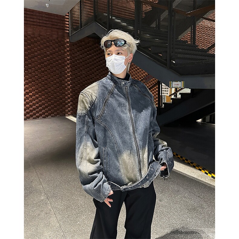 立领拉链重工拼接水洗做旧有垫肩牛仔夹克外套男宽松JK08962-P90,男装夹克,星座308B-2