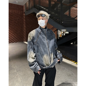 立领拉链重工拼接水洗做旧有垫肩牛仔夹克外套男宽松JK08962-P90,春季橙色风衣怎么搭配图片大全图片