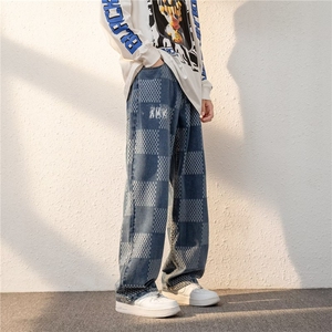 牛仔裤男韩版潮流高街格子2024春秋季新款ins宽松长裤K2843-P41图片