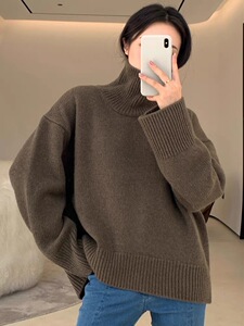 秋冬新款高领羊毛衫女纯色针织长袖宽松打底羊毛衫图片
