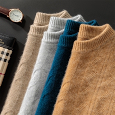 冬季100%纯羊毛衫男士半高领加厚毛衣宽松扭花保暖打底针织羊绒衫，男装羊毛衫，邓利维