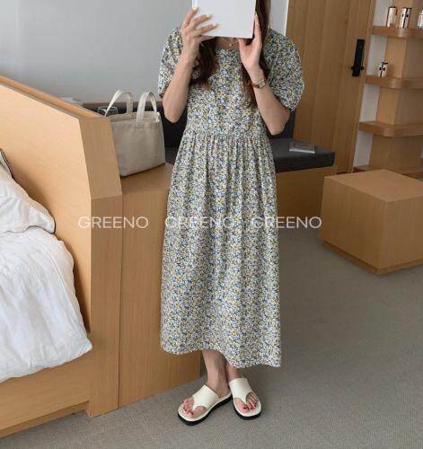 方领碎花连衣裙，女装连衣裙，GREENO