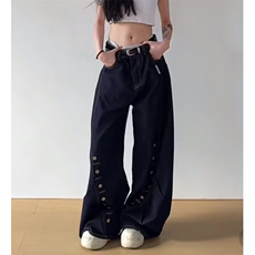 美式小众多排扣眼原色弯刀牛仔裤解构垂感阔腿裤男女B7618，男装牛仔裤，星座601-2
