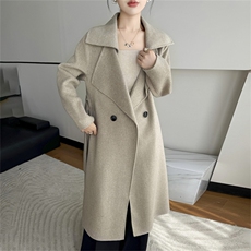 2025年秋季新款百搭女士长袖POLO领系带大衣，女装双面呢大衣，鹿展羊绒大衣