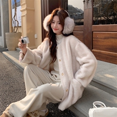 米白色秋冬皮毛一体外套女仿水貂绒休闲上衣2C353--720#P190K288，女装短外套，2C353