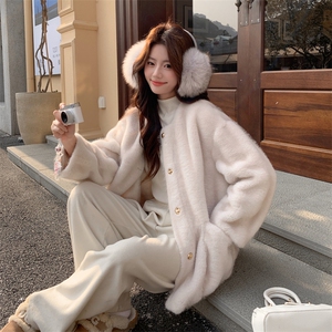 米白色秋冬皮毛一体外套女仿水貂绒休闲上衣2C353--720# P190K288图片