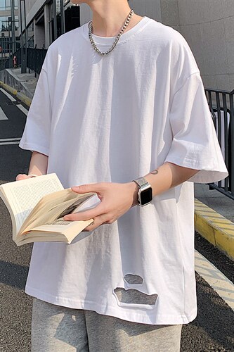 老新拍图纯棉200克短袖T恤破洞大码体恤 档口上新夏装100多款图片