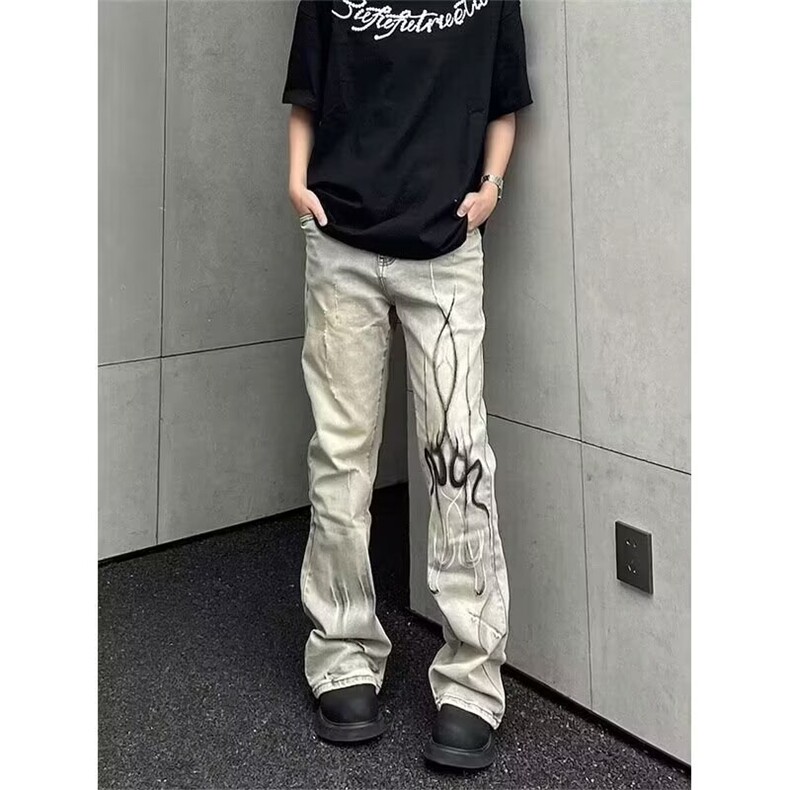 美式高街水洗做旧复古微喇叭牛仔裤男款显瘦拖地裤子N1104-P47图片