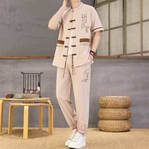 风夏季两件套男士冰丝宽松短袖套装民族男装汉服图片