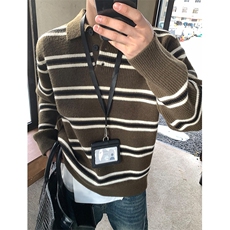 网图复古条纹撞色POLO毛衣情侣翻领长袖针织衫A025-BM1235-P55，男装针织衫/毛衣，电商A025