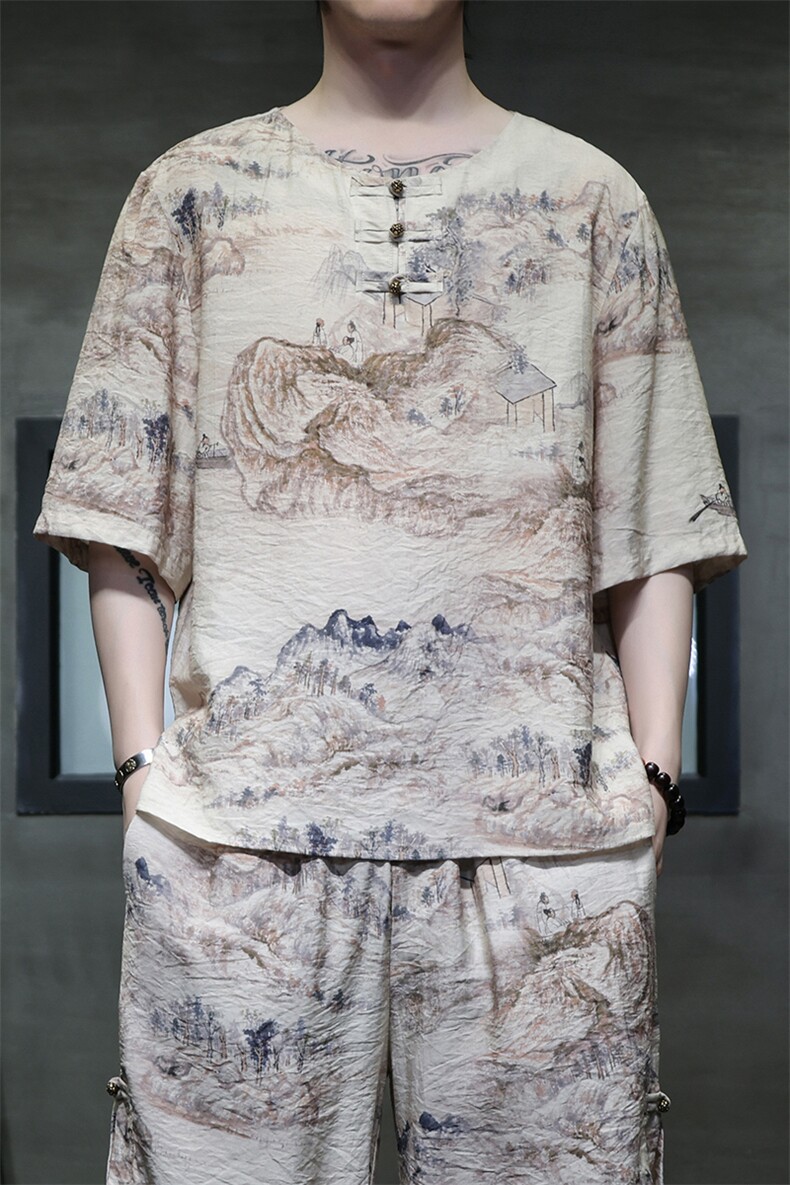 2025夏季新款男装禅服风冰丝印花盘扣唐装短袖T恤C102-P45,男装T恤,电商B277(原6028)