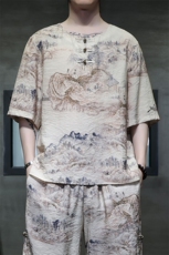 2025夏季新款男装禅服风冰丝印花盘扣唐装短袖T恤C102-P45，男装T恤，电商B277(原6028)