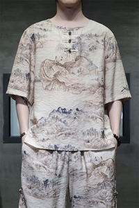 2025夏季新款男装禅服风冰丝印花盘扣唐装短袖T恤 C102-P45图片