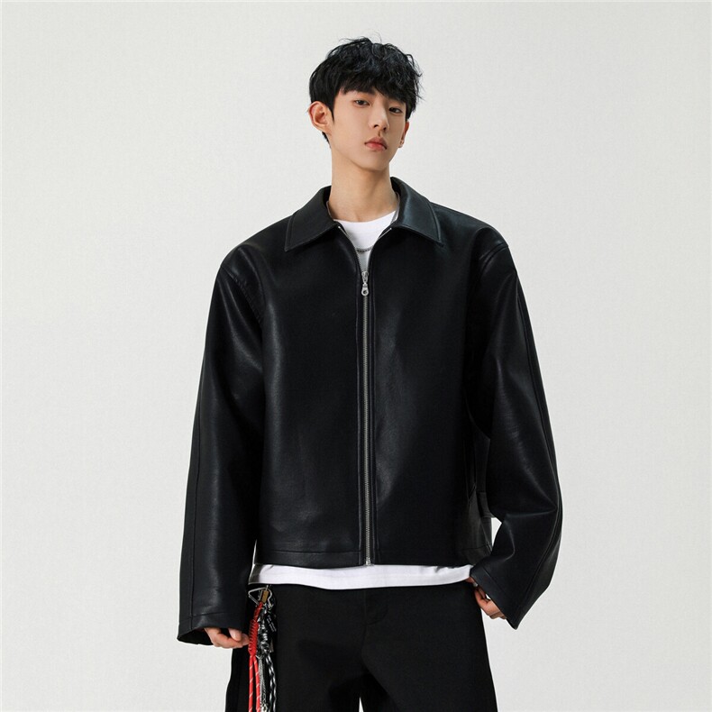 美式cleanfit短款皮衣外套男生潮牌高级感痞帅街头翻领机车服夹克,男装皮衣,电商A072