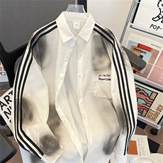 美式复古脏染做旧条纹拼接宽松休闲长袖衬衫男衬衣外套CY1051-P40，男装衬衫，星座412-2