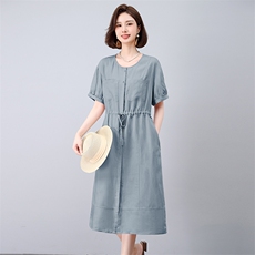 抽绳收腰显瘦气质长款天丝亚麻连衣裙女夏宽松洋气减龄中年妈妈40，女装连衣裙，曼沙奕珂