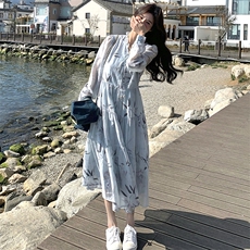 现货-蓝色印花连衣裙+马甲两件套203-8887-P175-K258，女装套装/套裙，浙宝203