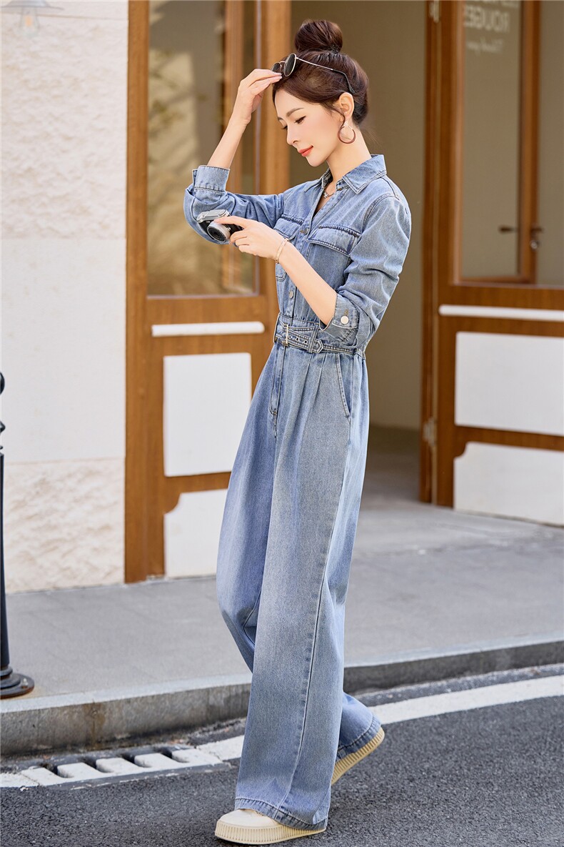 （新款现货）2026春装时尚休闲显瘦工装v领牛仔阔腿腰带连体裤女,女装连体裤,印象茜
