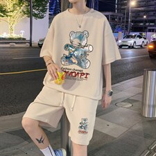 ！直播推荐2024夏季男士小熊印花华夫格短袖套装HTZ21P50，男装T恤，电商B220