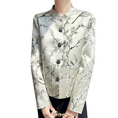 立领缎面梅花刺绣夹克外套女短款复古宽松显瘦气质休闲百搭长袖，女装短外套，圣丽羊绒