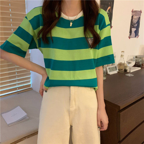 冰丝圆领套头撞色条纹修身百搭短袖针织上衣女，女装T恤，潮品会