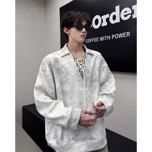 WY10151-特P48 控88 小众扎染撞色拼接条纹假两件大码男宽松卫衣图片