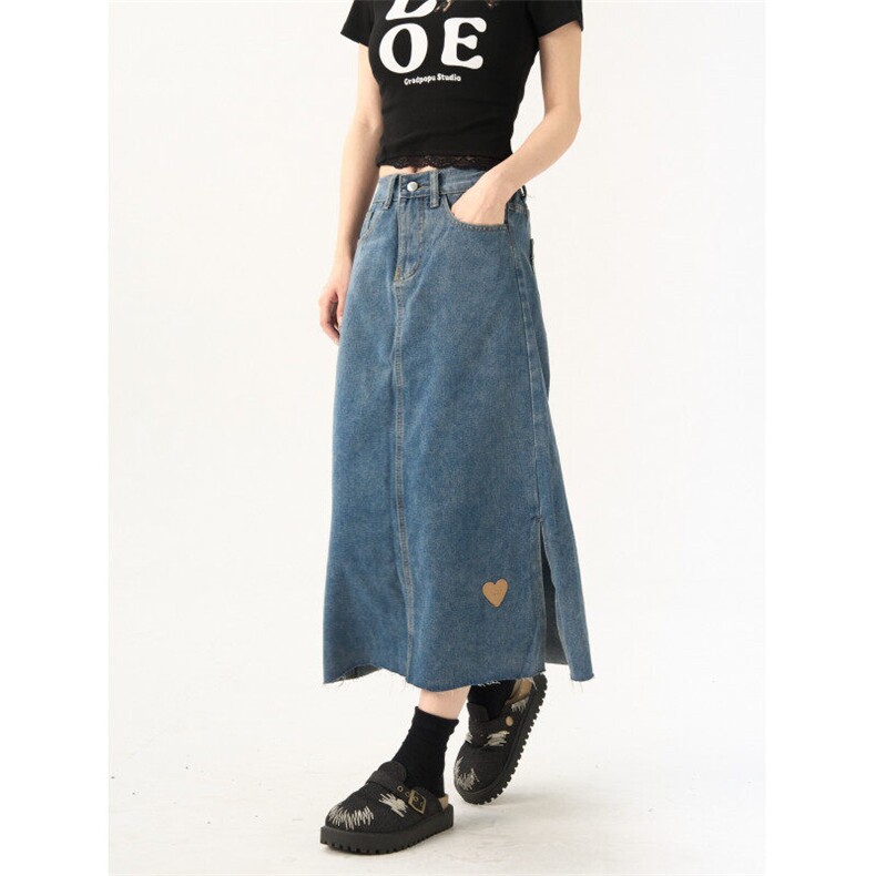 现货5927-P42牛仔开叉半身裙女森系文艺风复古百搭高腰a字裙,女装半身裙,电商A306A