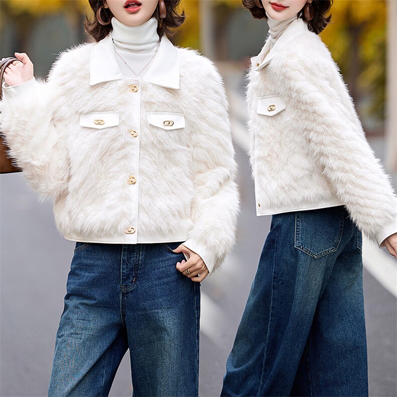 仿狐狸毛环保皮草外套女冬季小香风翻领年轻款气质拼皮风高端上衣，女装皮草，潮流依族