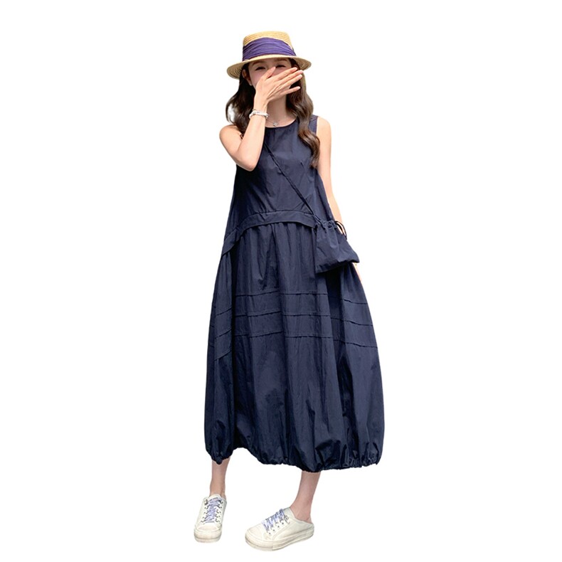 藏青色无袖连衣裙女夏2025新款学院风超火爆款减龄花苞灯笼背带裙,女装连衣裙,浙宝220