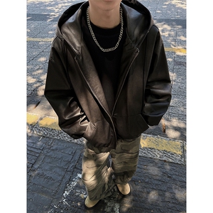 特批P100无差价秋季PU皮连帽大码高街复古夹克皮衣外套男J5239图片