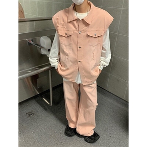 牛仔套装男女高街粉色无袖马甲背心长裤2025夏季牛仔裤W6534-P109图片