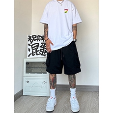 日系工装短裤男生夏季口袋拼接阔腿中裤潮牌大码宽松直筒五分裤子，男装休闲裤，电商A014