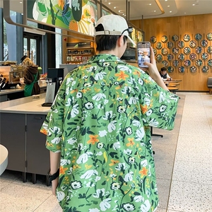 弹力布夏季男士印花短袖衬衫个性五分袖衬衣外套图片