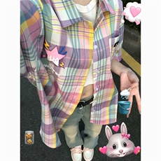 D5231-P38潮彩色格子衬衫男女百搭宽松潮牌夏季半袖-网图现货，男装衬衫，星座603-2