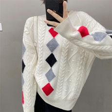 秋冬新款山羊绒衫女套头上衣提花针织衫毛衣宽松女士学院风菱格，女装羊绒衫，织绒羊