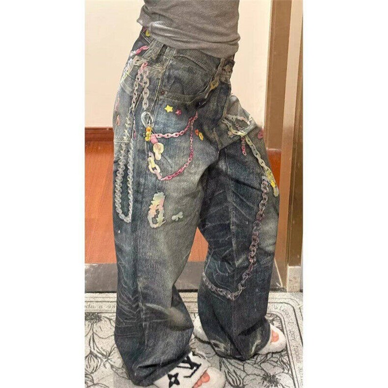 美式糖果链条3D印花牛仔裤男女宽松潮弯刀阔腿裤子LN70166-P54,男装牛仔裤,星座1008
