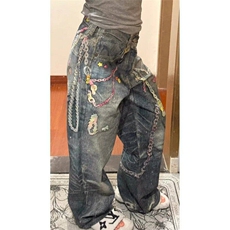 美式糖果链条3D印花牛仔裤男女宽松潮弯刀阔腿裤子LN70166-P54，男装牛仔裤，星座1008