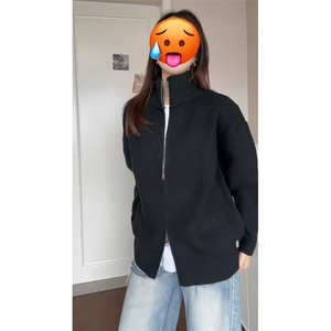 重磅秋冬北极绒双拉链毛衣开衫美式复古休闲慵懒风宽松针织衫外套图片