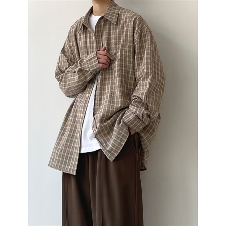 1506/Q30160/P42美拉德棕色格子长袖衬衫男女春秋季免烫,男装衬衫,星座1506
