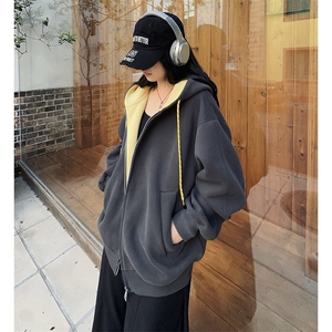 抖音得物二开美式高街重磅结构双层撞色连帽卫衣开衫外套W116图片