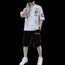夏季潮流时尚T恤男装青少年宽松休闲圆领套装两件套F307P58，男装休闲套装，电商A086