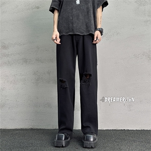 k707-p48-控68 M-5XL 抖音美式高阶黑暗破洞拉链宽松大码牛仔裤图片
