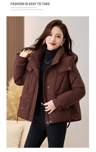 红休闲连帽羽绒服女2024冬季新款加厚白鸭绒面包服保暖外套图片
