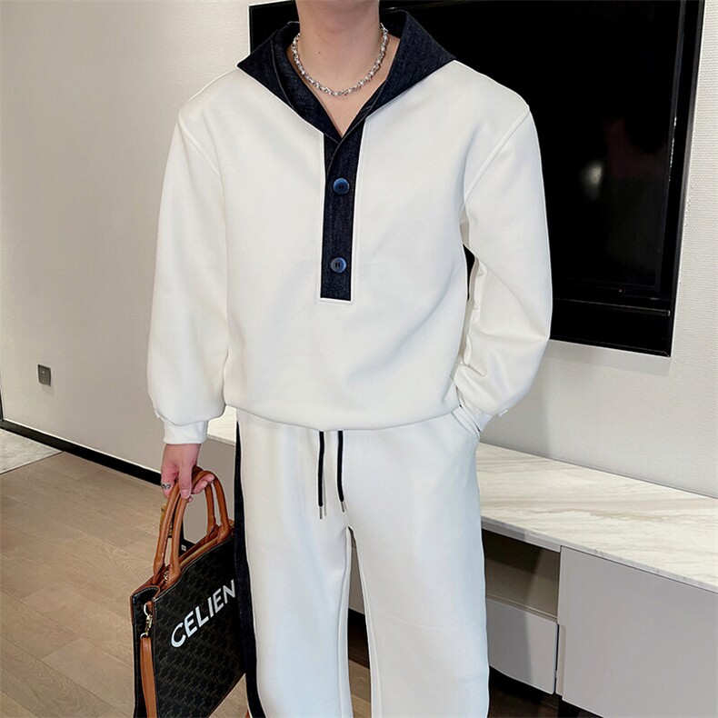 抖音春装撞色牛仔拼接连帽卫衣宽松弯刀裤套装男潮TZ279-P158，男装休闲套装，电商B267