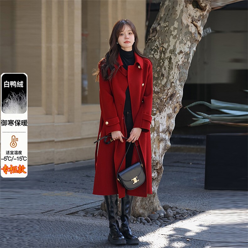 红色喜庆毛呢大衣女中长款2025新款厚内胆加羽绒服呢子外套秋冬季，女装羽绒服，纪茹
