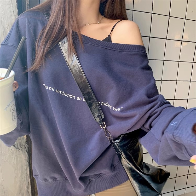 QC035-P35美式斜肩字母印花卫衣藏青色宽松长袖上衣,女装卫衣/绒衫,星座617A-2