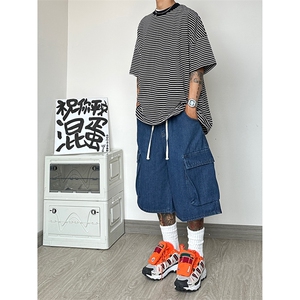 美式复古七分工装牛仔短裤日系cityboy廓形大码oversize图片