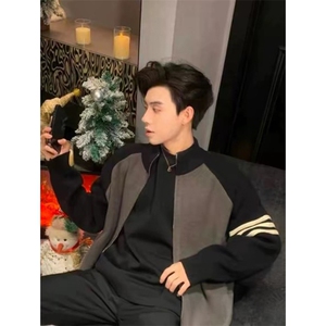 重磅秋冬北极绒开衫毛衣美式复古休闲慵懒风撞色立领针织衫外套图片